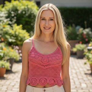 Altar'd State Pink Crochet Cami Top Scalloped Hem Boho Festival Tank S/M